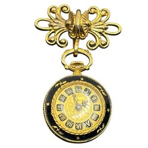 Sheffield gold tone & black pocket watch chain on brooch pin vintage NOT working